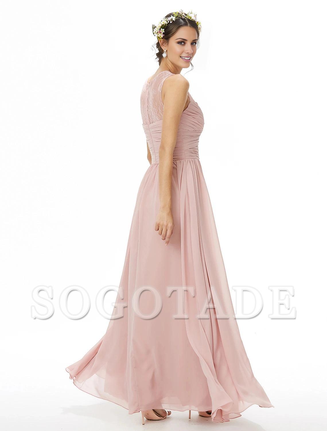 A-Line Bridesmaid Dress Jewel Neck Sleeveless See Through Floor Length Chiffon / Lace with Lace / Criss Cross / Pleats-SOGOTADE