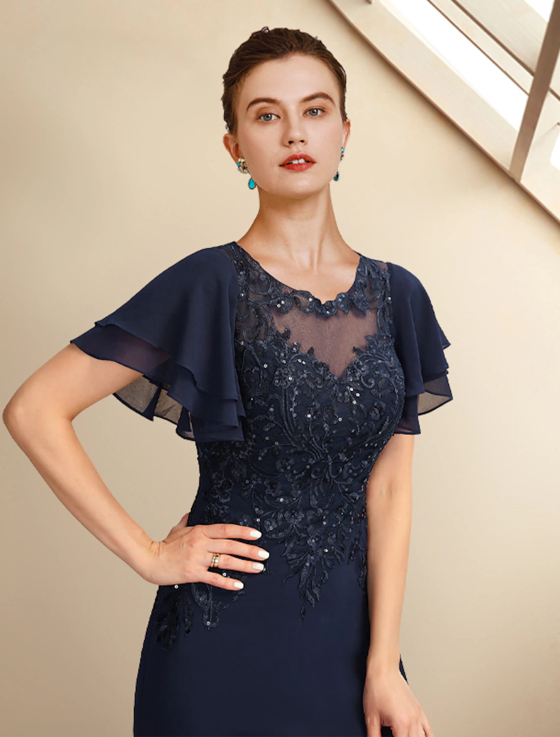 A-Line Mother of the Bride Dress Plus Size Elegant Jewel Neck Floor Length Chiffon Lace Short Sleeve with Sequin Appliques-SOGOTADE