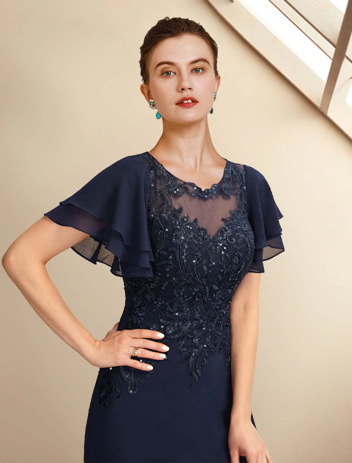 A-Line Mother of the Bride Dress Plus Size Elegant Jewel Neck Floor Length Chiffon Lace Short Sleeve with Sequin Appliques-SOGOTADE