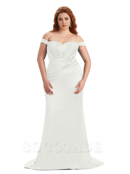 Sexy Mermaid Off The Shoulder Sweetheart Soft Satin Floor Length Long Plus Size Maid of Honor Dresses
