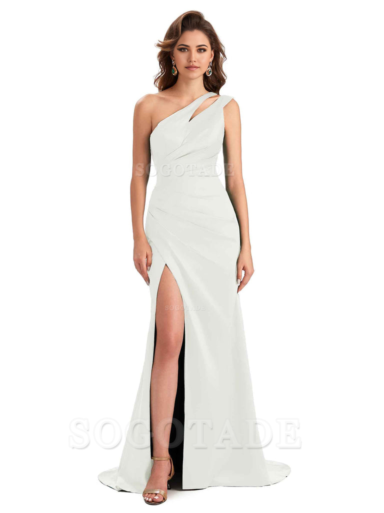 Mermaid One Shoulder Satin Sexy formal dresses evening gown Bridesmaid Dresses With Side Slit 