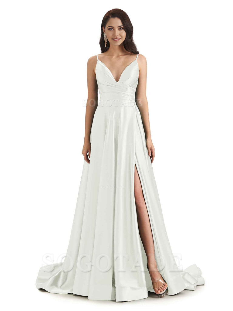 Spaghetti Straps Satin formal dresses evening gown Bridesmaid Dresses With Side Slit 