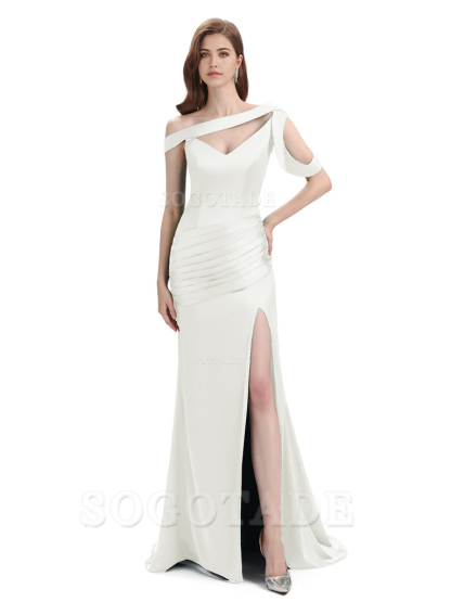 Mermaid V-Neck Satin Floor-Length formal dresses evening gown Bridesmaid Dresses With Side Slit 