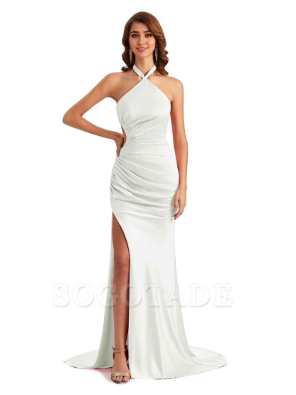Sexy Halter Mermaid Silky Satin Unique Long Formal Wedding Guest Dresses