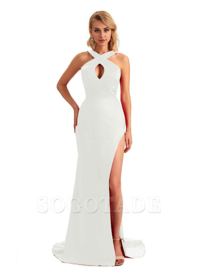 Sexy Side Slit Halter Mermaid Silky Satin Unique Long Formal Wedding Bridesmaid Dresses