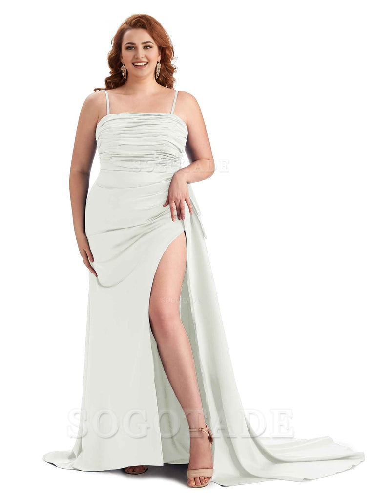 Sexy Side Slit Spaghetti Straps Mermaid Soft Satin Long Plus Size Bridesmaid Dresses Online
