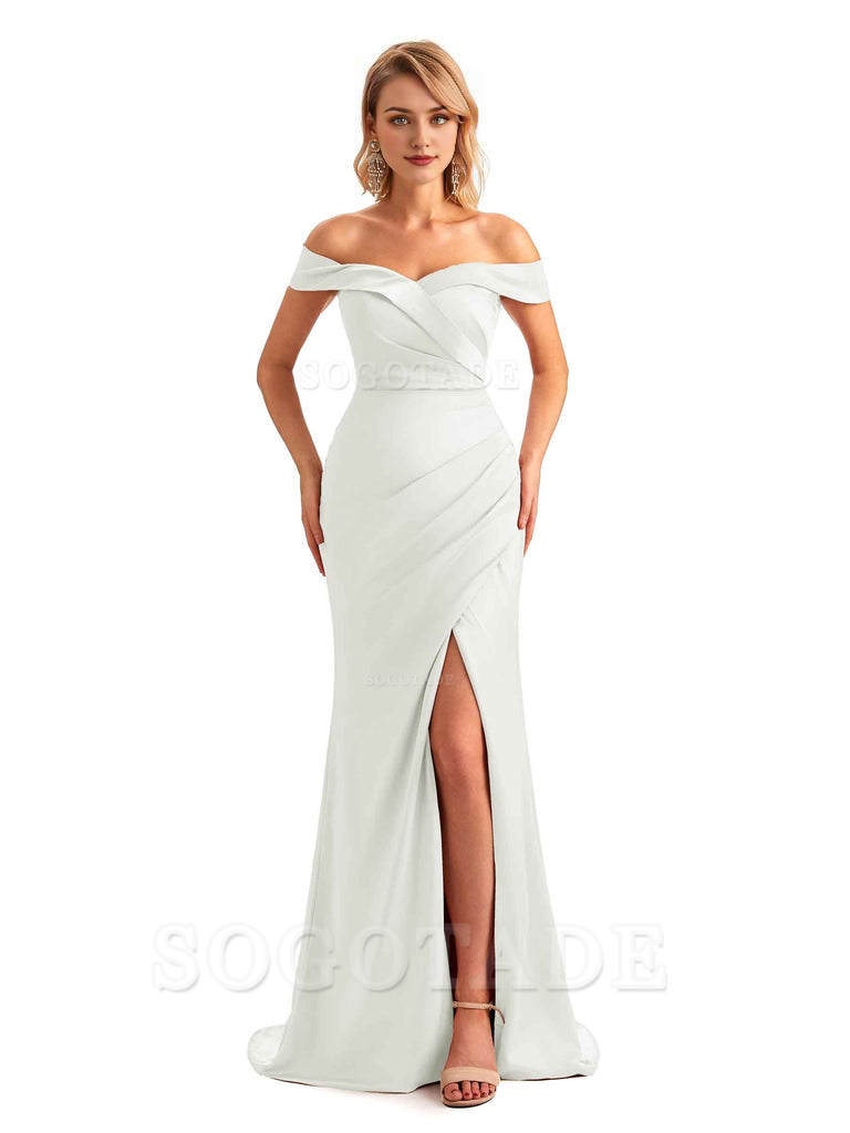Off Shoulder Side Slit Mermaid Silky Satin Unique Long Formal Wedding Guest Dresses Online