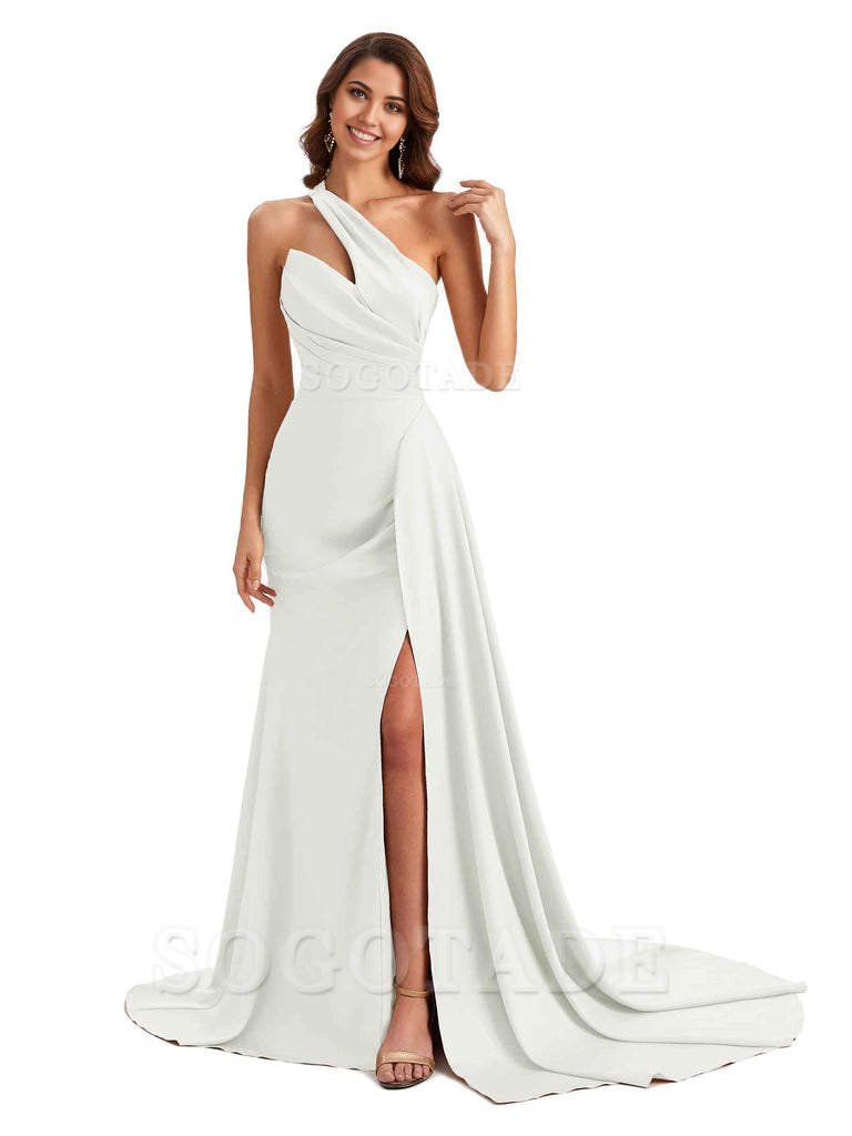 Mermaid One shoulder Satin formal dresses evening gown Bridesmaid Dresses With Side Slit 