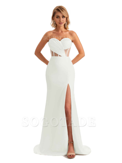 Sexy Sweetheart Strapless Side Slit Mermaid Soft Satin Unique Long Bridesmaid Dress For Wedding