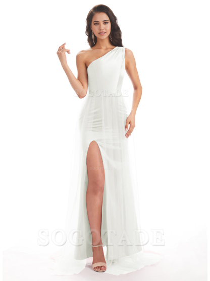 Mermaid One Shoulder Satin Side Slit Tulle formal dresses evening gown Bridesmaid Dresses