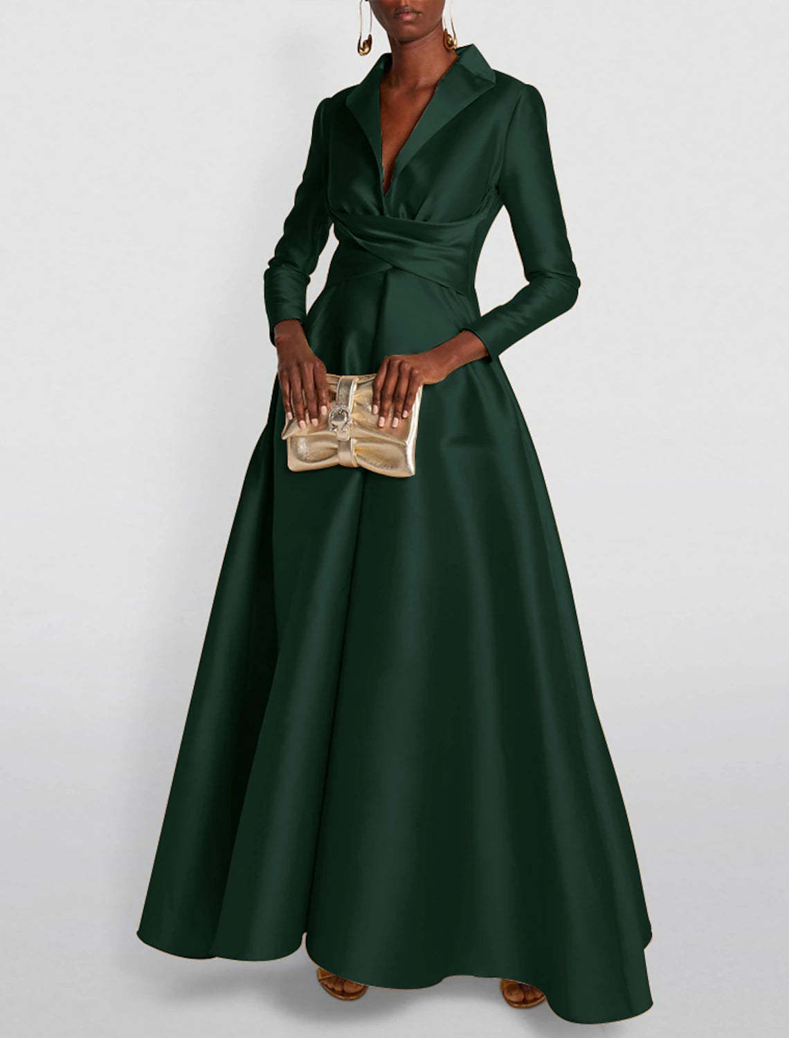A-Line Evening Gown Elegant Christmas Red Green Dress Formal Wedding Guest Floor Length Long Sleeve Shirt Collar Satin with Ruched 2024-SOGOTADE