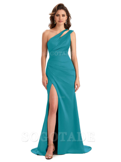 Mermaid One Shoulder Satin Sexy formal dresses evening gown Bridesmaid Dresses With Side Slit 