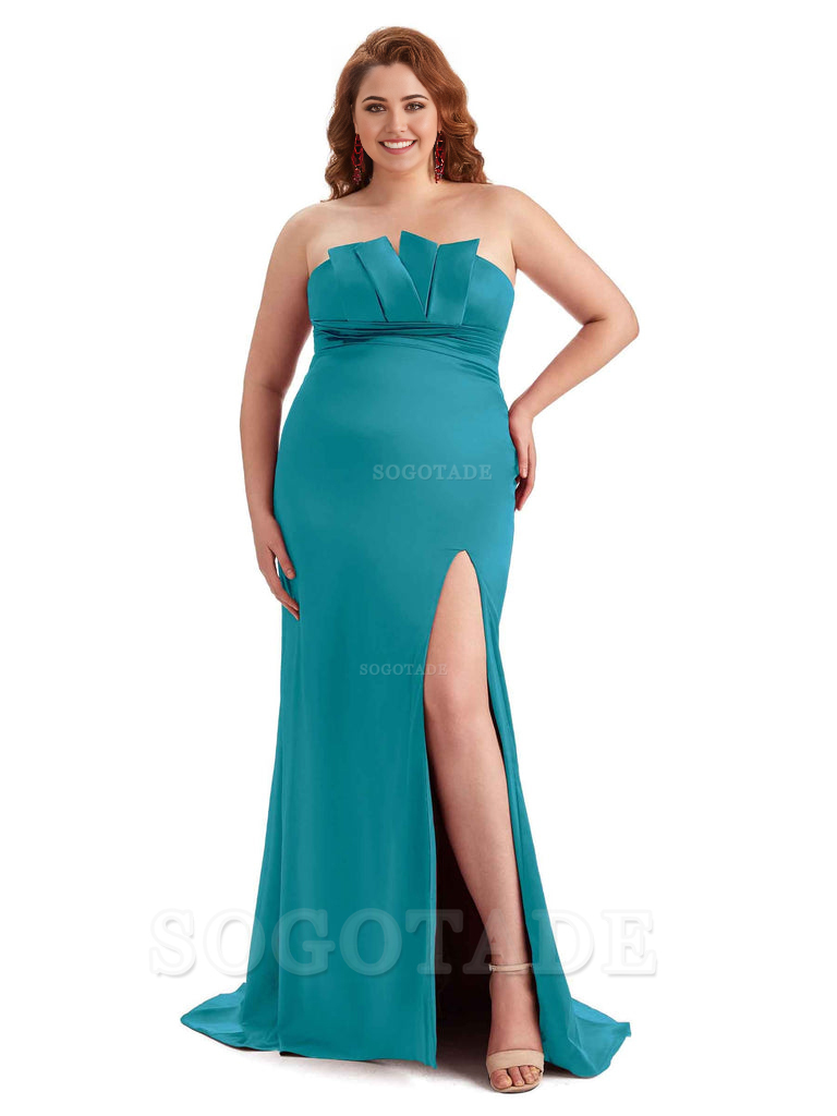 Sexy Side Slit Sleeveless Mermaid Soft Satin Long Plus Size Wedding Party Dresses For Wedding