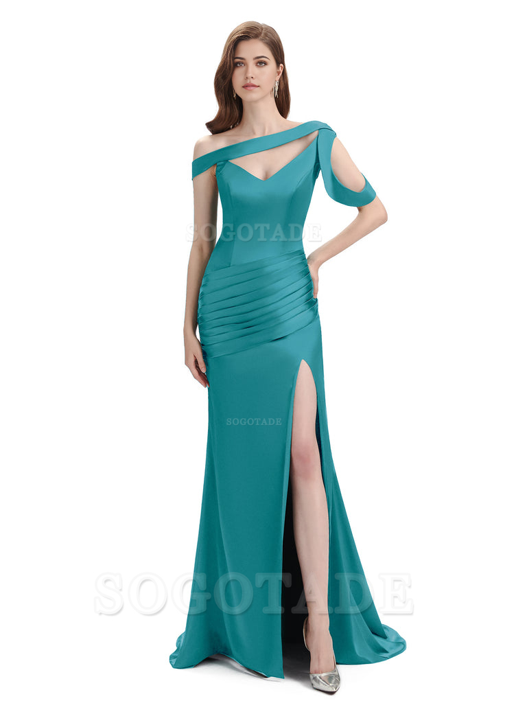 Mermaid V-Neck Satin Floor-Length formal dresses evening gown Bridesmaid Dresses With Side Slit 