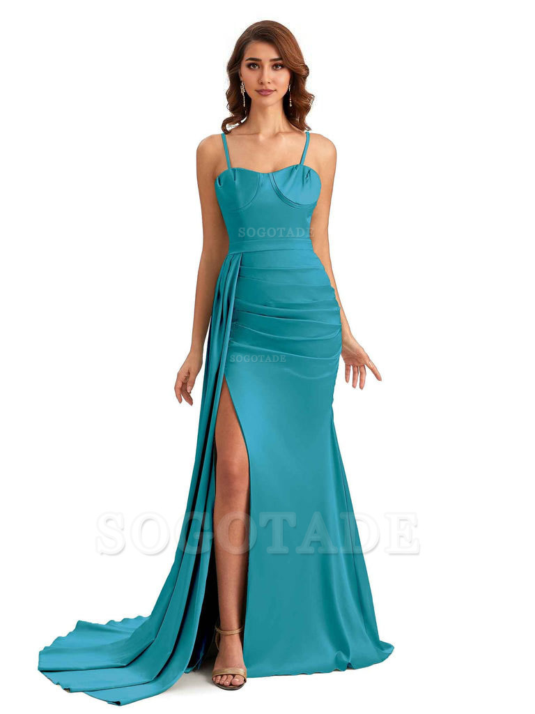 Sexy Spaghetti Straps Side Slit Mermaid Unique Long Bridesmaid Dresses In Satin