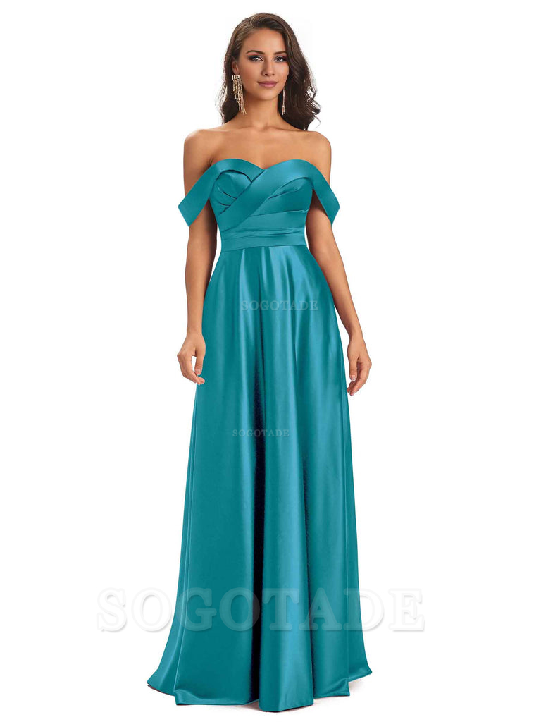Sexy Soft Satin Off The Shoulder A-Line Long Bridesmaid Dresses Elegant Evening Party Dress