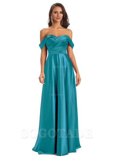 Sexy Soft Satin Off The Shoulder A-Line Long Bridesmaid Dresses Elegant Evening Party Dress