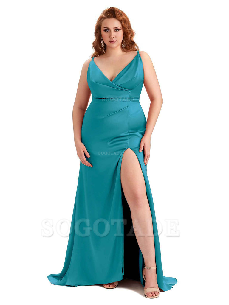 Sexy Side Slit Spaghetti Straps Mermaid Soft Satin Fashion Bridesmaid Dresses
