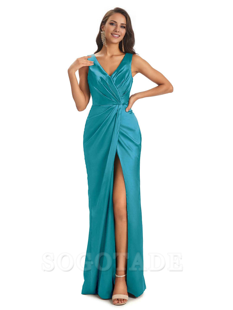V-Neck Unique Long Satin Bridesmaid Dresses with Front Slit