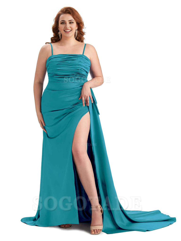Sexy Side Slit Spaghetti Straps Mermaid Soft Satin Long Plus Size Bridesmaid Dresses Online