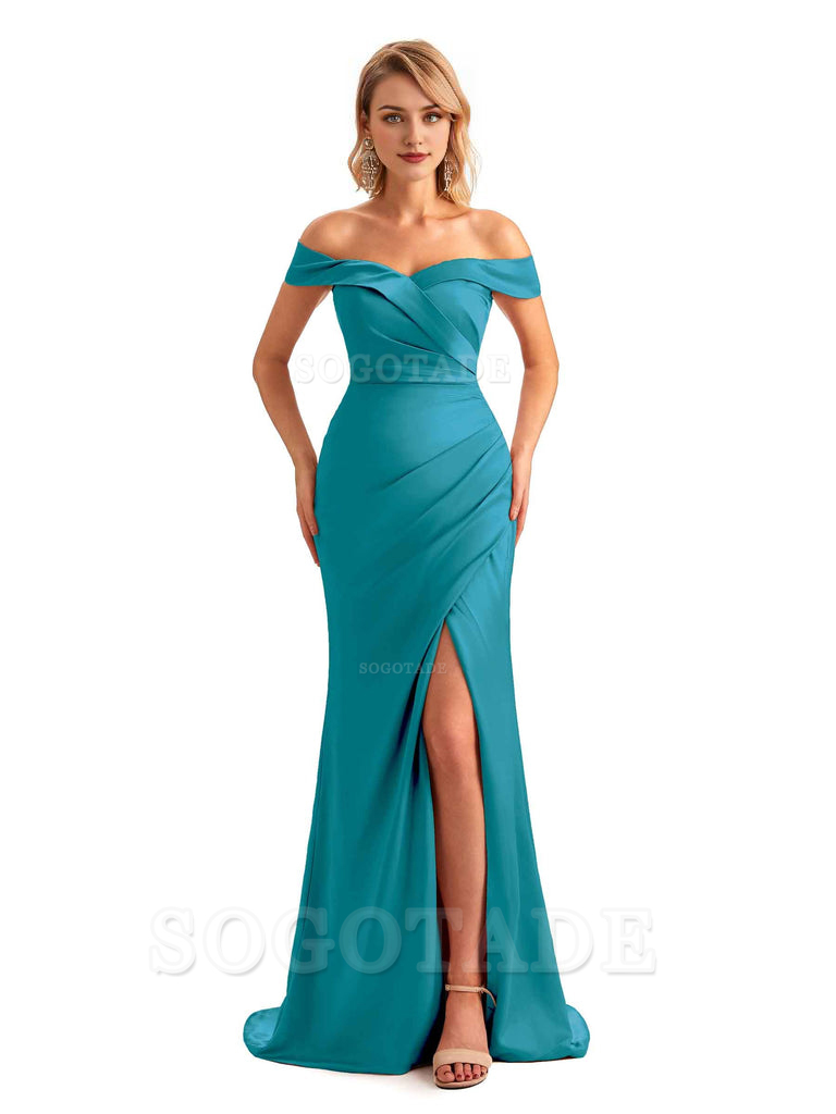 Off Shoulder Side Slit Mermaid Silky Satin Unique Long Formal Wedding Guest Dresses Online