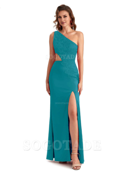 Sexy Side Slit Mermaid Lace Silky Satin One Shoulder Chic Long Bridesmaid Dresses