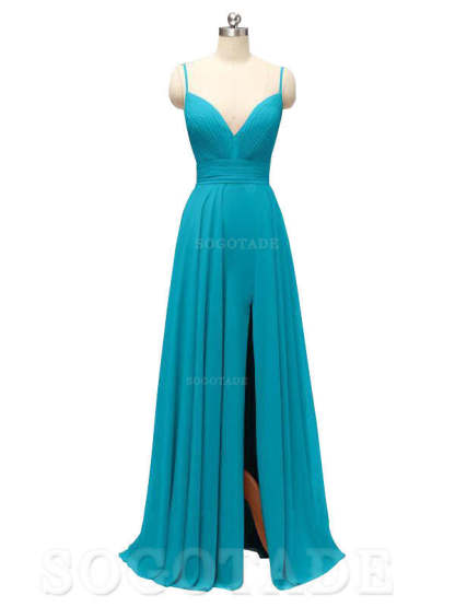 Honest Chiffon Spaghetti Straps Slit Long Bridesmaid Dresses prom shop dresses