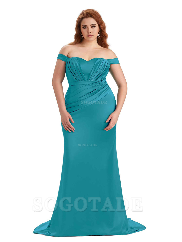 Sexy Mermaid Off The Shoulder Sweetheart Soft Satin Floor Length Long Plus Size Maid of Honor Dresses
