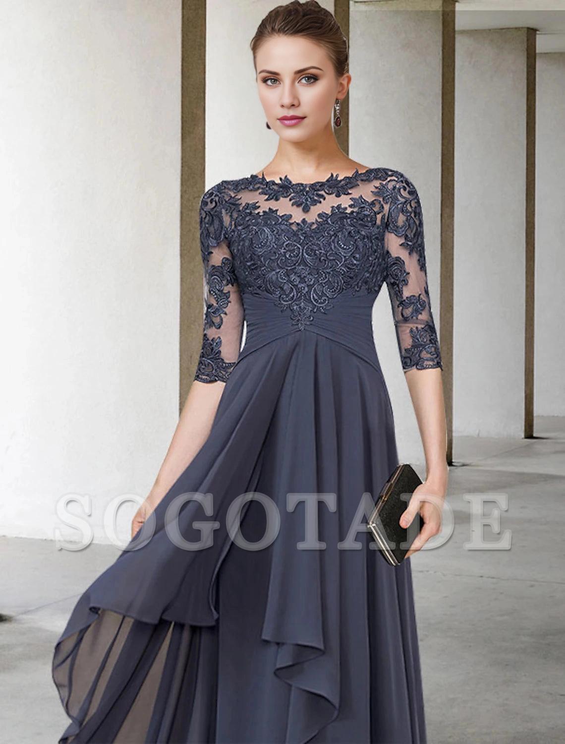 A-Line Mother of the Bride Dress Plus Size Elegant Jewel Neck Floor Length Chiffon Lace 3/4 Length Sleeve with Pleats Ruched Appliques-SOGOTADE