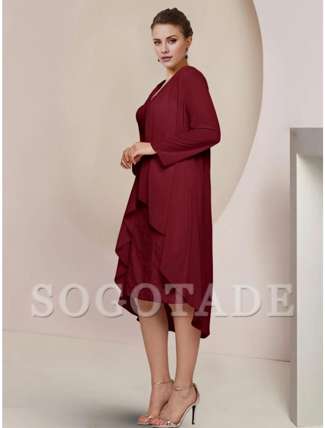 A-Line Mother of the Bride Dress Wedding Guest Elegant Petite Square Neck Knee Length Chiffon Long Sleeve with Ruching Solid Color-SOGOTADE
