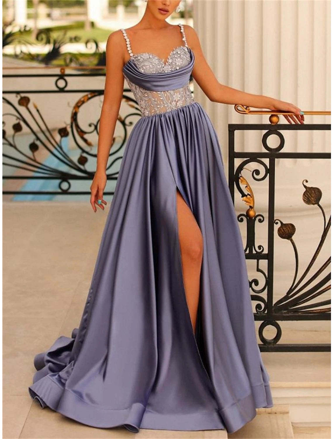 A-Line Evening Gown Backless Dress Formal Wedding Guest Sweep / Brush Train Sleeveless Spaghetti Strap Bridesmaid Dress Satin Backless with Ruched Sequin Slit 2024-SOGOTADE