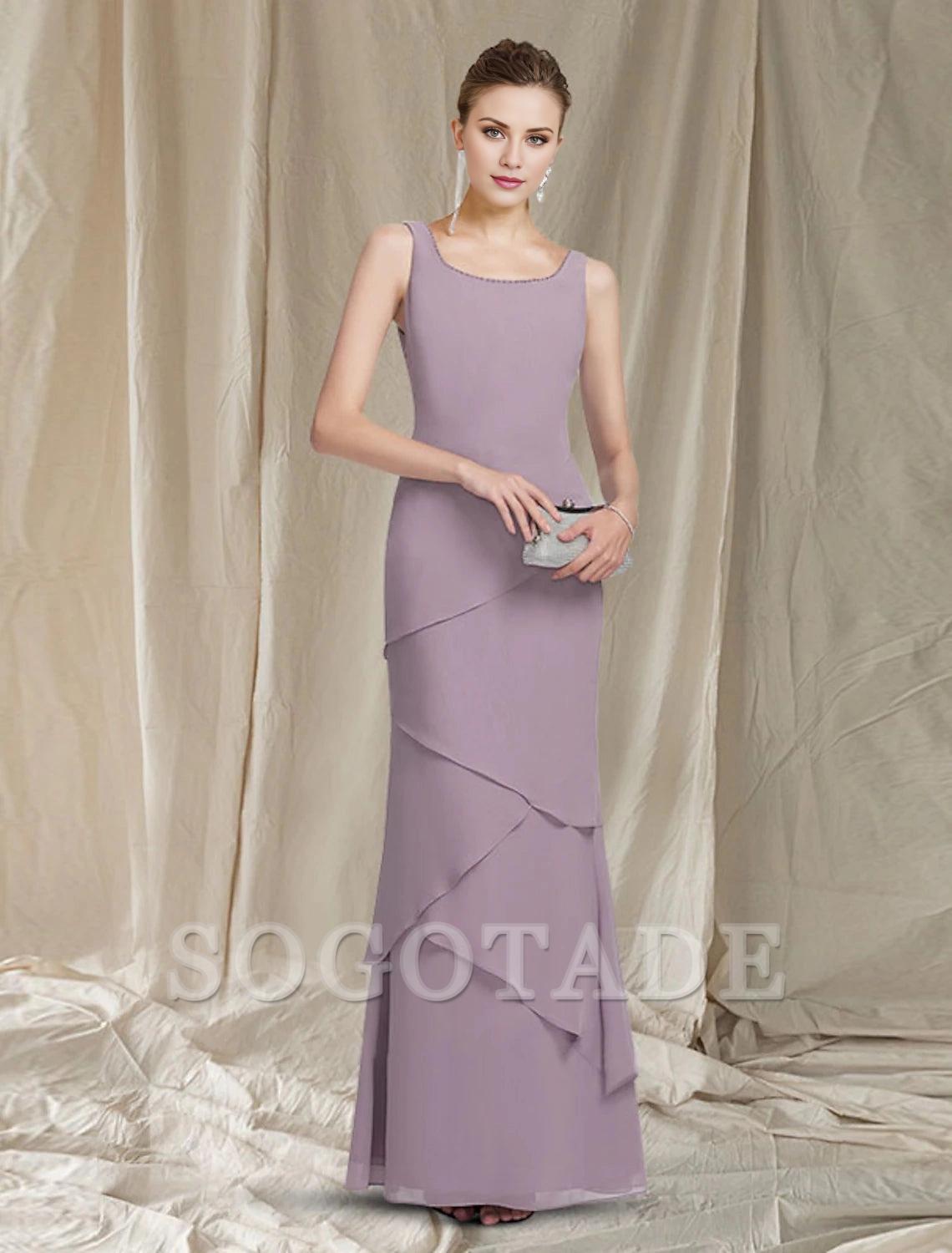 Two Piece Sheath / Column Mother of the Bride Dress Elegant Scoop Neck Floor Length Chiffon Sleeveless Wrap Included with Beading Cascading Ruffles