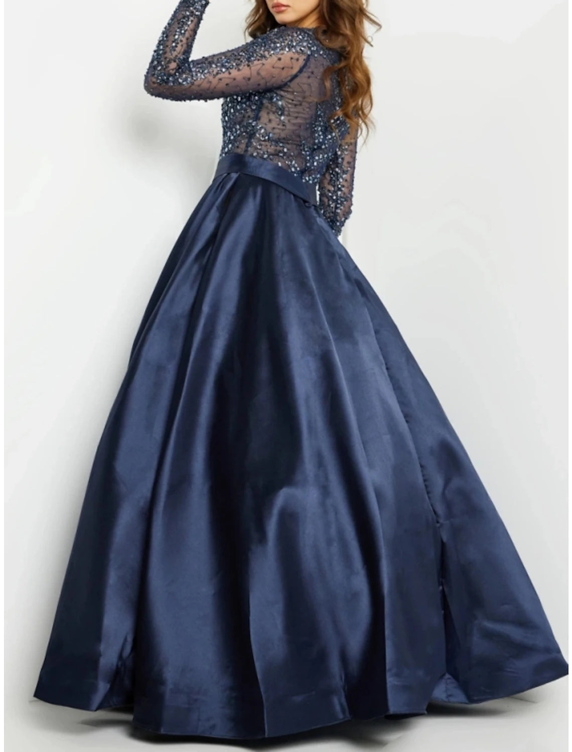 A-Line Evening Gown Sparkle & Shine Dress Formal Wedding Guest Floor Length Long Sleeve Jewel Neck Sequined with Glitter Pleats 2024-SOGOTADE