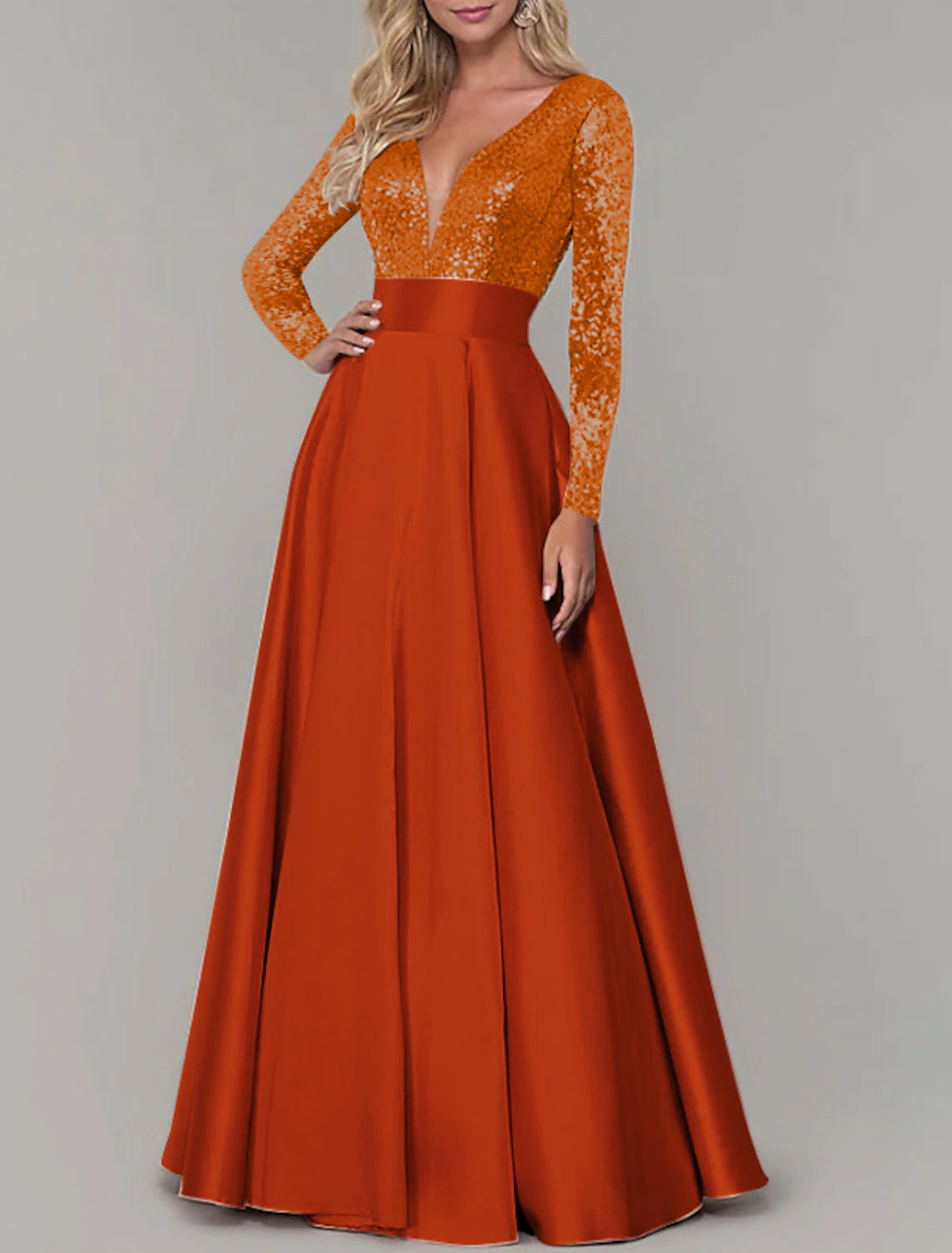 A-Line Evening Gown Sparkle & Shine Dress Prom Birthday Floor Length Long Sleeve V Neck Fall Wedding Guest Satin with Pleats Sequin 2024-SOGOTADE