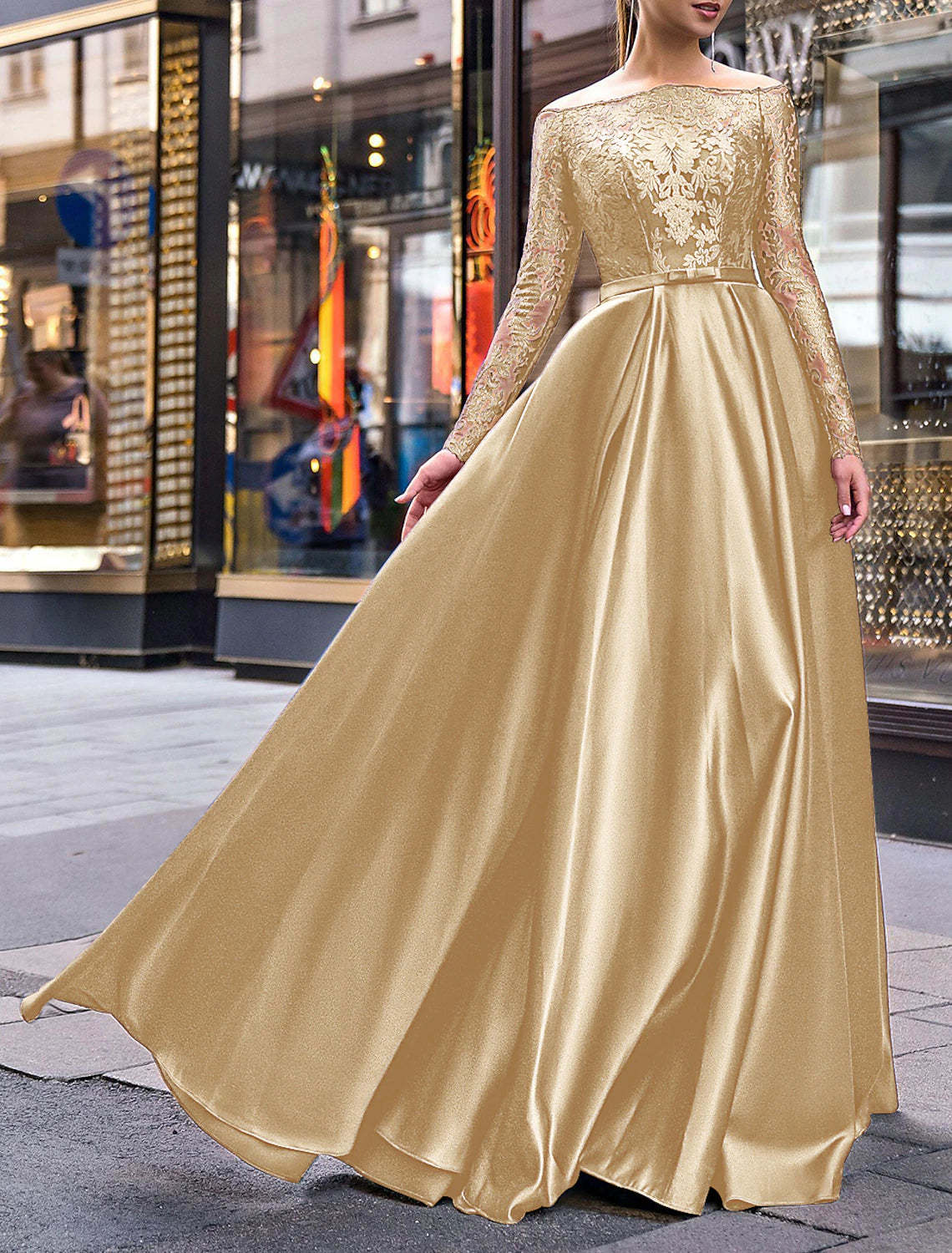 A-Line Evening Gown Party Dress Christmas Red Green Dress Elegant Dress Wedding Guest Fall Floor Length Long Sleeve Off Shoulder Belt / Sash Satin with Appliques 2024-SOGOTADE