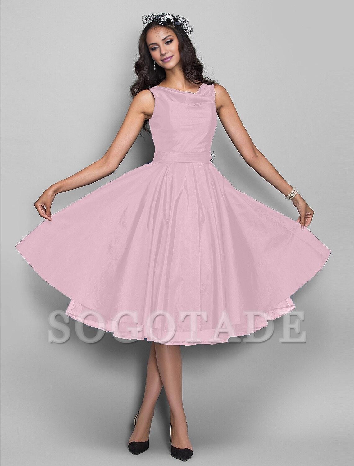 A-Line Cocktail Black Dress Vintage Dress Halloween Wedding Guest Knee Length Sleeveless V Neck Taffeta with Pleats Crystals-SOGOTADE