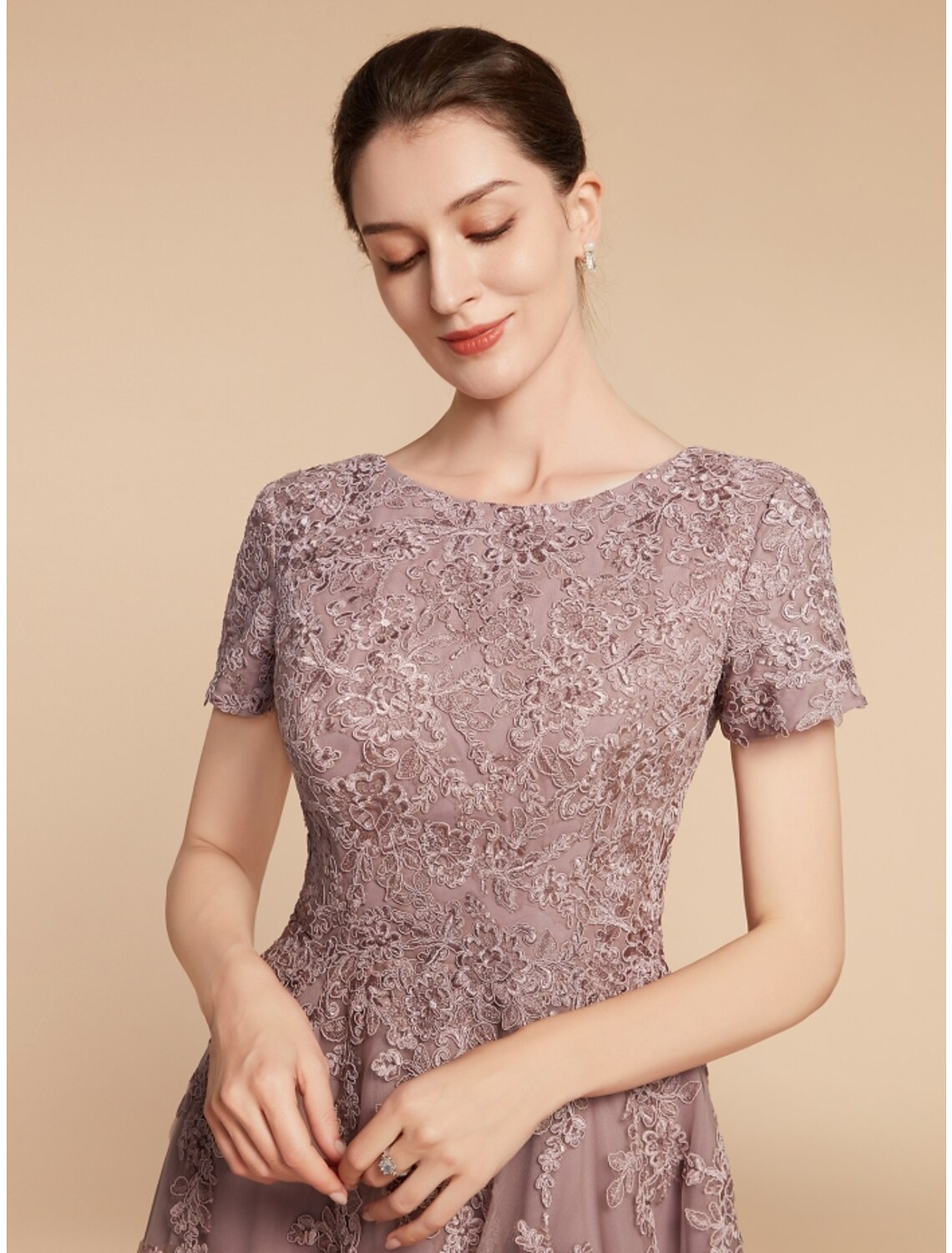 A-Line Mother of the Bride Dress Wedding Guest Elegant Petite Jewel Neck Tea Length Lace Tulle Short Sleeve with Ruching Flower-SOGOTADE