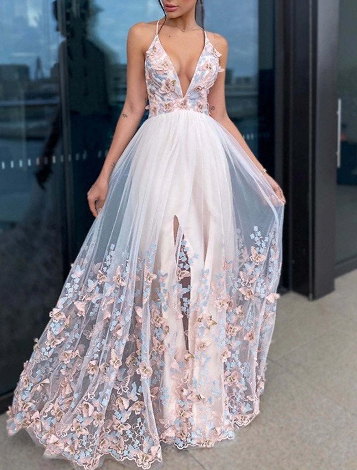 A-Line Evening Gown Party Dress Floral Dress Homecoming Wedding Guest Floor Length Short Sleeve V Neck Tulle with Draping Appliques-SOGOTADE