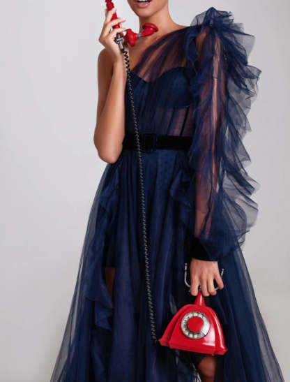 A-Line Evening Gown Corsets Dress Wedding Guest Engagement Court Train Long Sleeve One Shoulder Wednesday Addams Family Tulle with Ruffles Slit-SOGOTADE