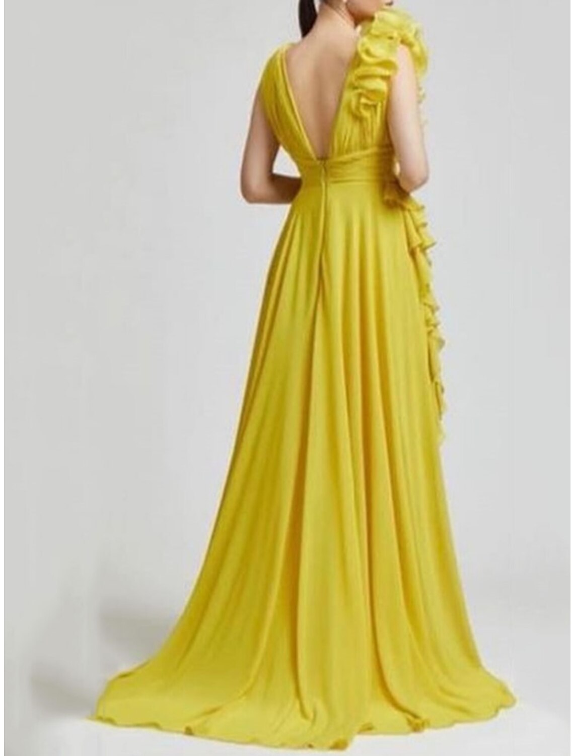 A-Line Evening Gown Elegant Dress Formal Sweep / Brush Train Sleeveless V Neck Chiffon with Pleats Ruched Ruffles-SOGOTADE