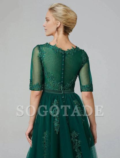 A-Line Cocktail Dress Christmas Red Green Dress Formal Evening Kentucky Derby Tea Length Sleeveless Illusion Neck Fall Wedding Guest Lace Over Tulle with Sequin Appliques-SOGOTADE