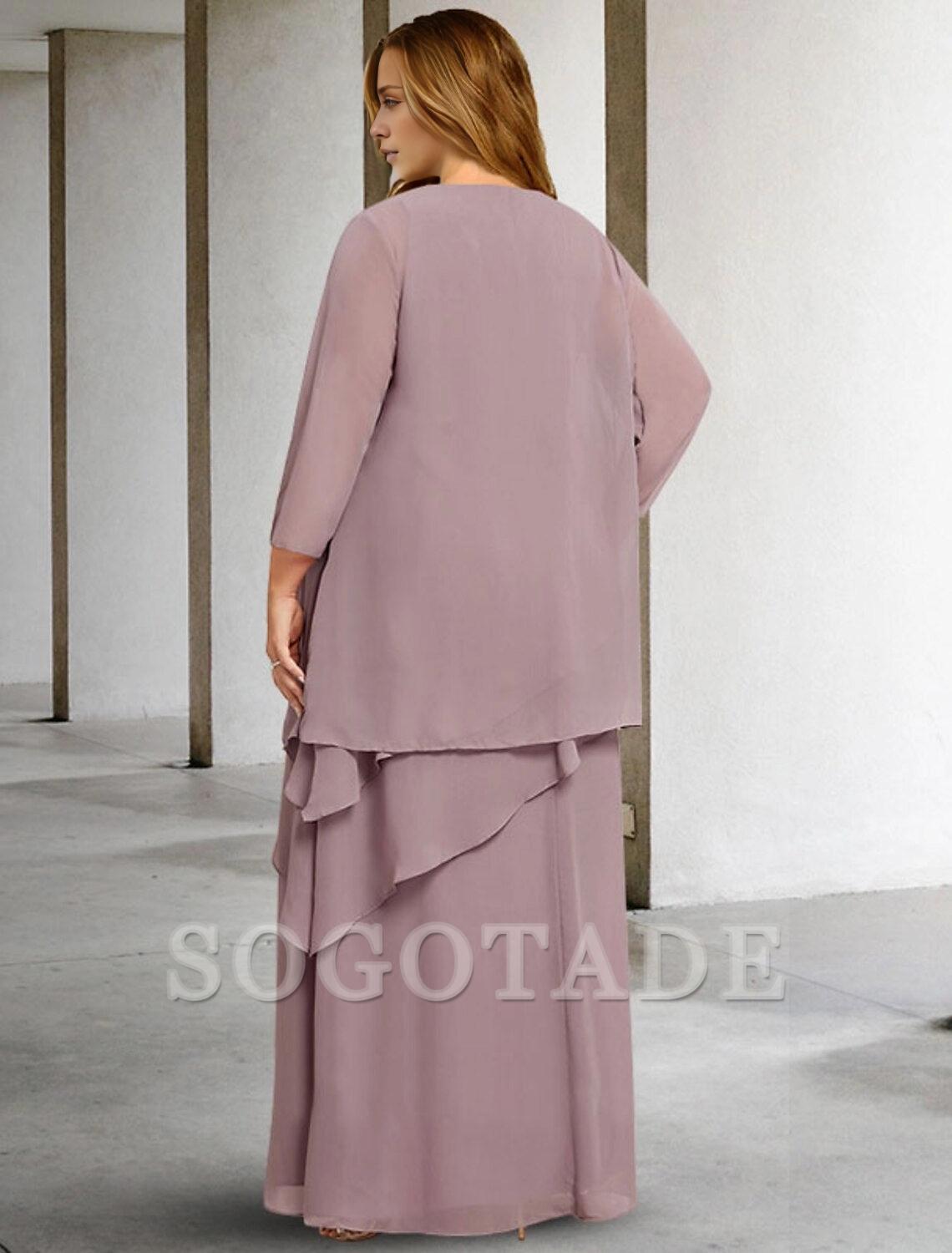 Two Piece A-Line Mother of the Bride Dresses Plus Size Hide Belly Curve Elegant Dress Formal Floor Length Sleeveless Jewel Neck Chiffon with Sequin Ruffles Appliques