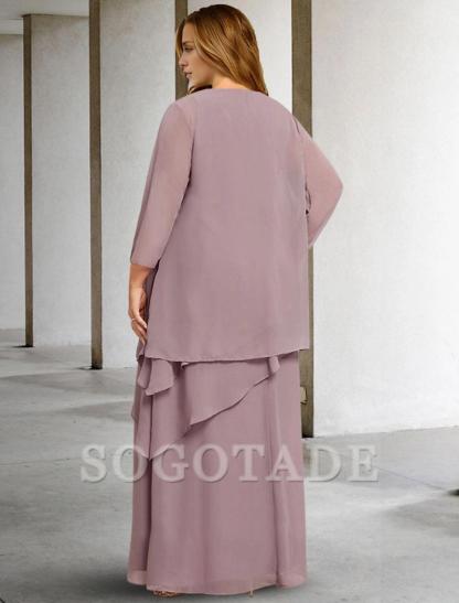 Two Piece A-Line Mother of the Bride Dresses Plus Size Hide Belly Curve Elegant Dress Formal Floor Length Sleeveless Jewel Neck Chiffon with Sequin Ruffles Appliques