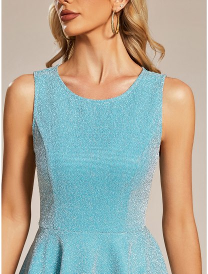 A-Line Homecoming Dresses Glittering Dress Party Wear Prom Tea Length Sleeveless Jewel Neck Satin with Glitter-SOGOTADE