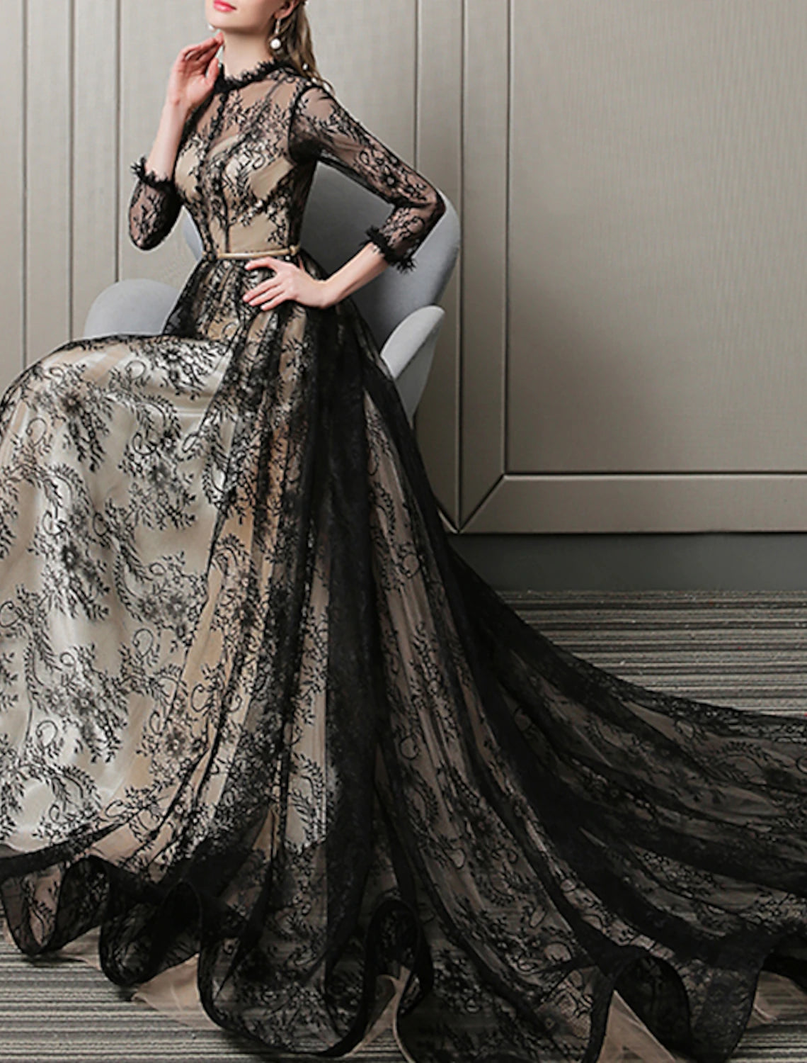 A-Line Evening Gown Cut Out Dress Wedding Guest Formal Evening Sweep / Brush Train 3/4 Length Sleeve Jewel Neck Lace with Pattern / Print 2024-SOGOTADE