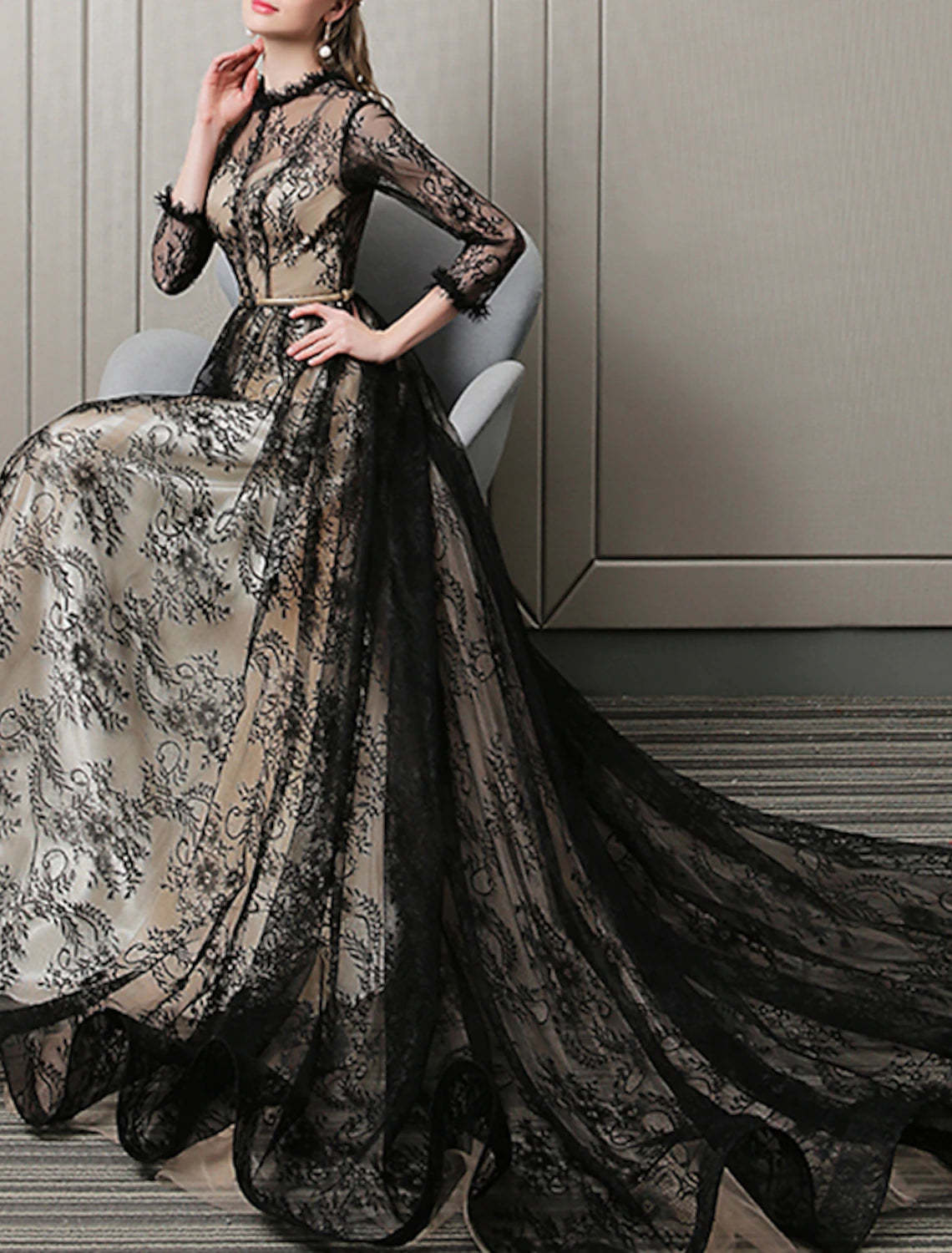 A-Line Evening Gown Cut Out Dress Wedding Guest Formal Evening Sweep / Brush Train 3/4 Length Sleeve Jewel Neck Lace with Pattern / Print 2024-SOGOTADE