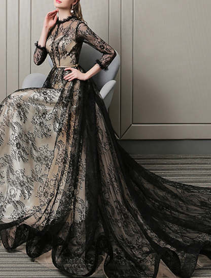 A-Line Evening Gown Cut Out Dress Wedding Guest Formal Evening Sweep / Brush Train 3/4 Length Sleeve Jewel Neck Lace with Pattern / Print 2024-SOGOTADE