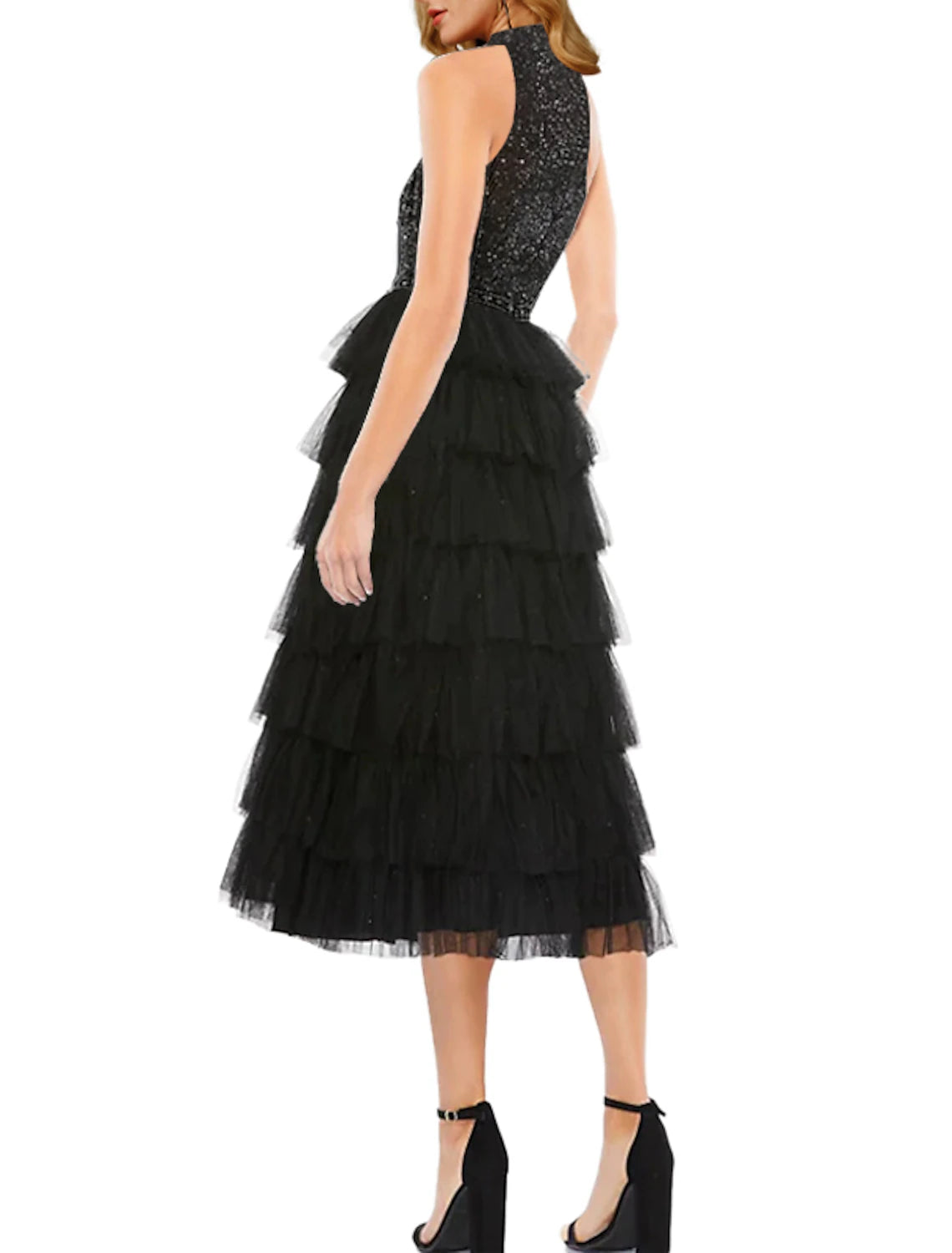 A-Line Cocktail Dresses Sparkle & Shine Dress Wedding Guest Semi Formal Tea Length Sleeveless High Neck Tulle with Sequin 2024-SOGOTADE