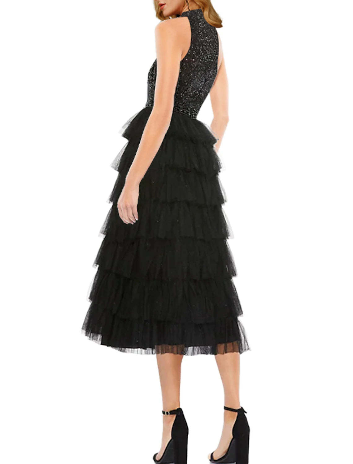 A-Line Cocktail Dresses Sparkle & Shine Dress Wedding Guest Semi Formal Tea Length Sleeveless High Neck Tulle with Sequin 2024-SOGOTADE