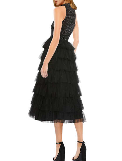 A-Line Cocktail Dresses Sparkle & Shine Dress Wedding Guest Semi Formal Tea Length Sleeveless High Neck Tulle with Sequin 2024-SOGOTADE